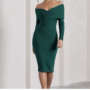 Club L London Off Shoulder Bodycon Midi Dress In Bottle Green NEW US 14 UK 18